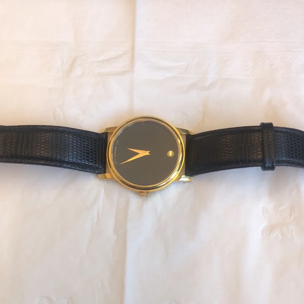 Movado Leather Watch - Grained Black Leather with Gold